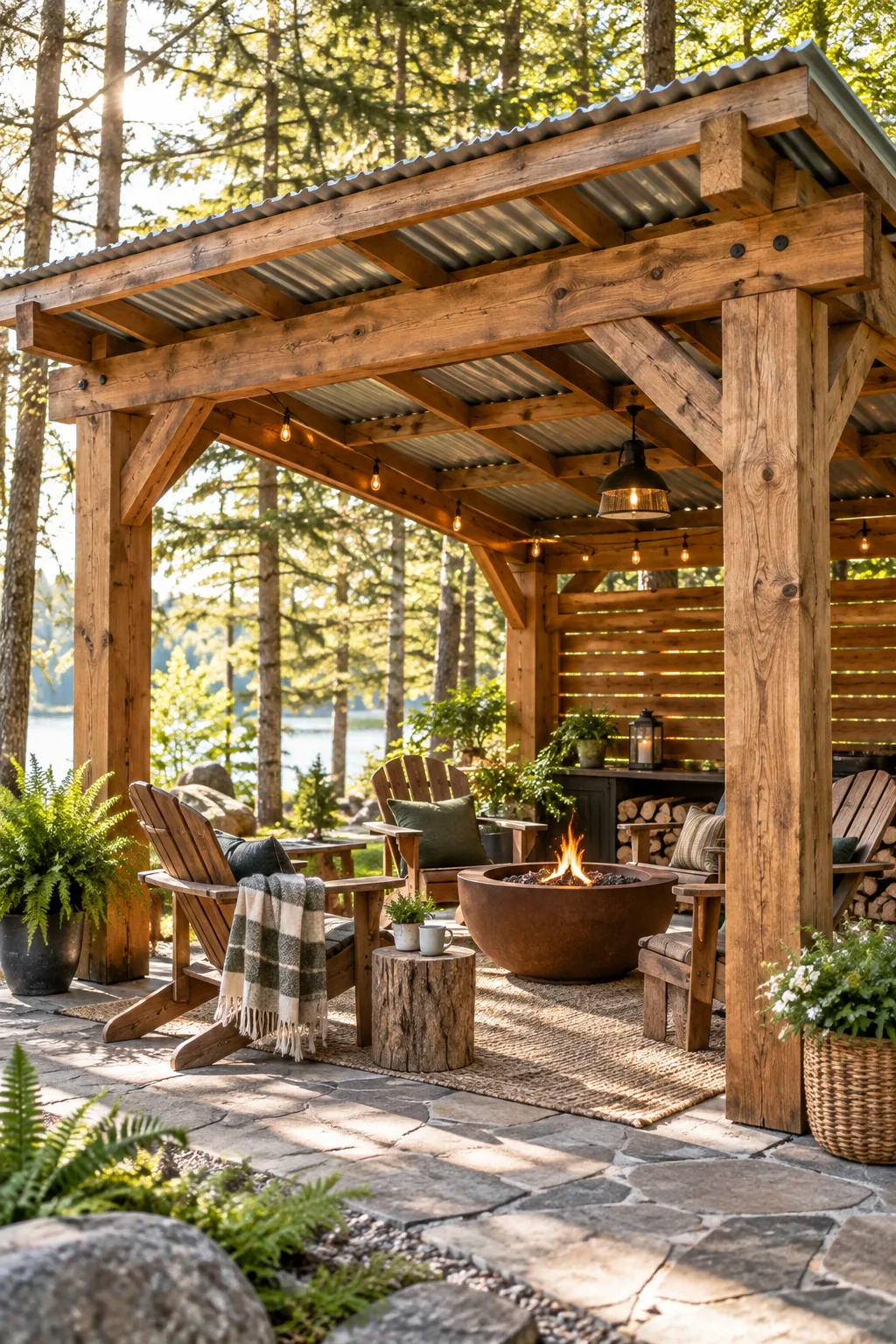 Rough-sawn cedar pergola with a metal roof and wooden Adirondack chairs in a woodland setting.