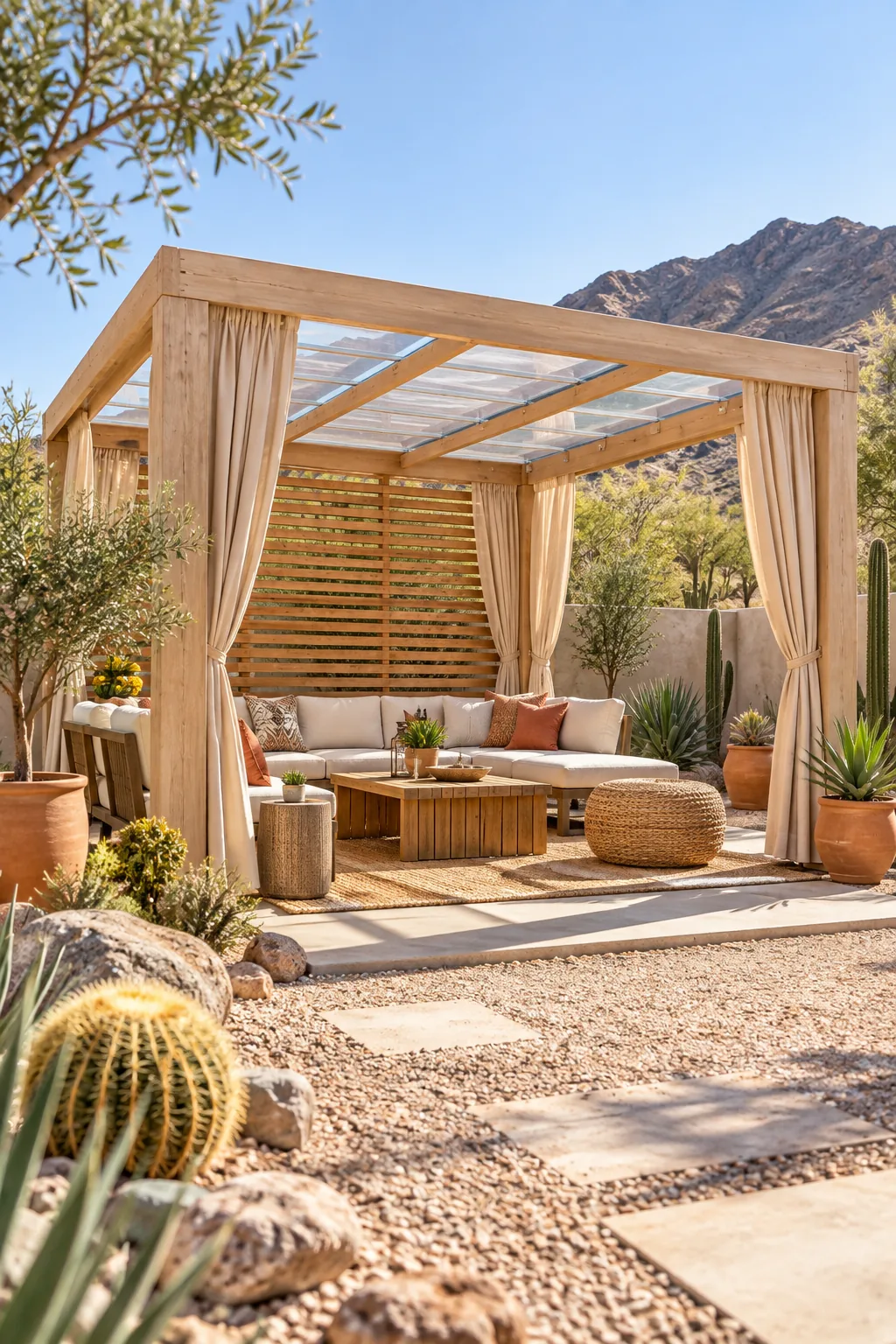 Light ash wood pergola with sand-colored drapes and terracotta planters in a gravel yard.