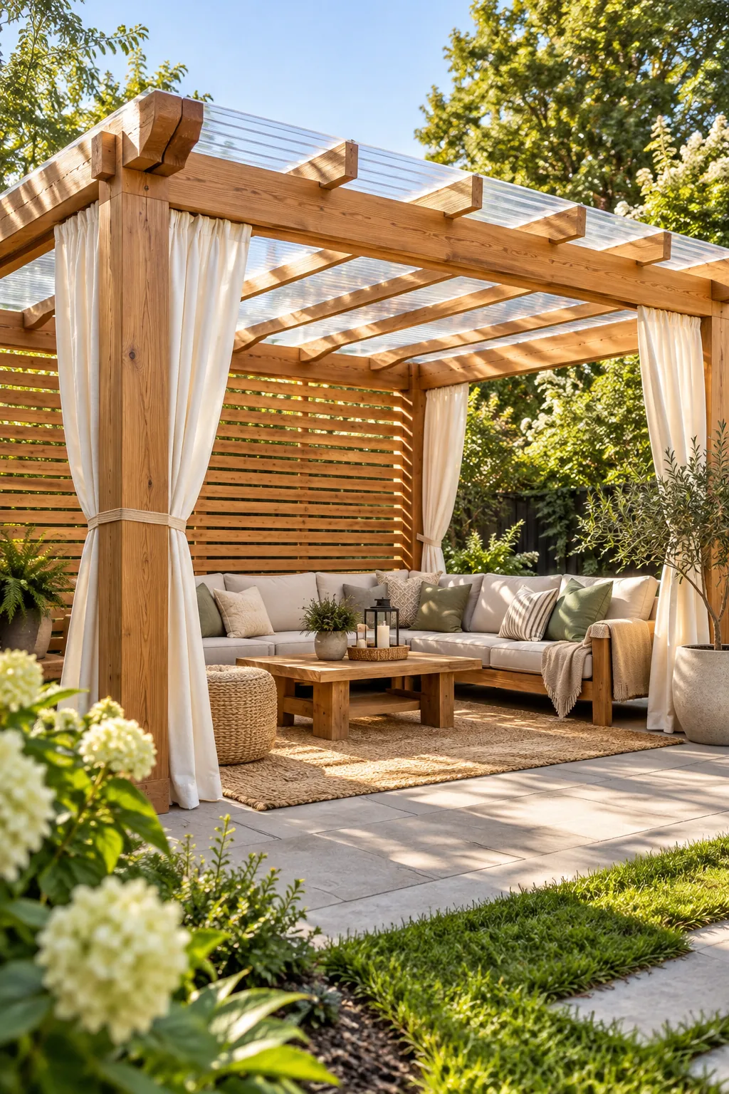 Looking down into a styled outdoor living room beneath a wooden pergola, featuring a neutral sectional sofa and woven rug.