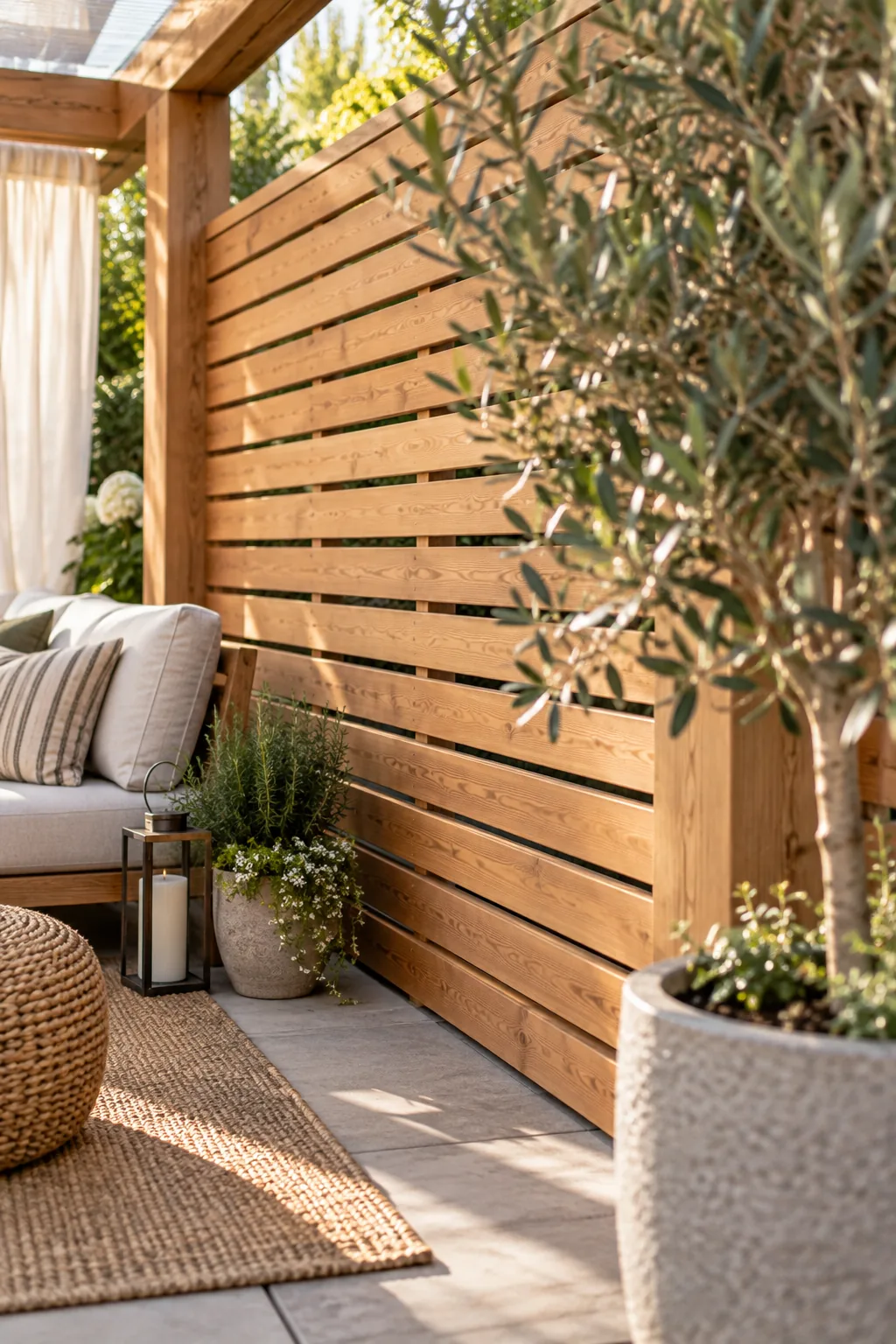 Close-up of a modern wooden slatted wall with perfectly even gaps and no visible screws, with a potted plant in the foreground.