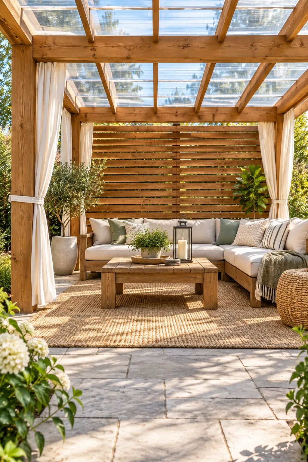 Base of a thick wooden pergola post sitting cleanly on a stone patio without any visible metal brackets.