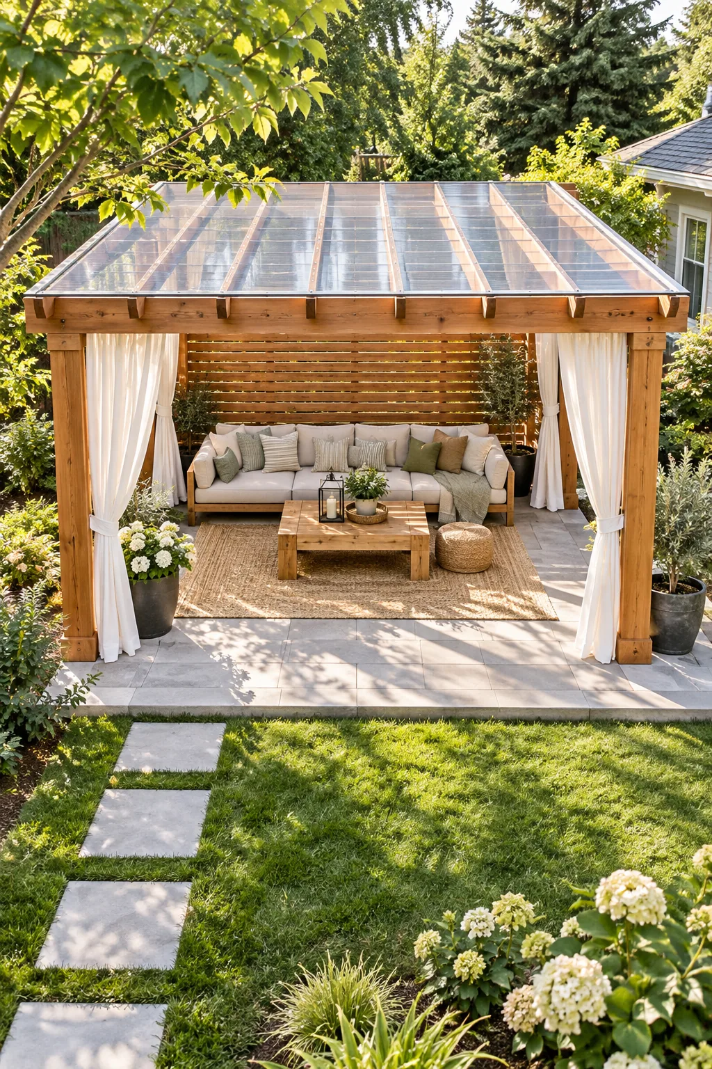 Straight-on view of an outdoor sectional sofa and coffee table arranged neatly against a slatted wooden wall beneath a pergola.