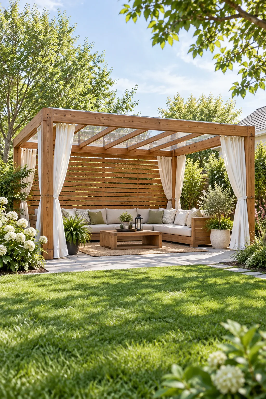 Wide view from the garden of a complete wooden pergola with a clear roof and privacy wall on a backyard patio.
