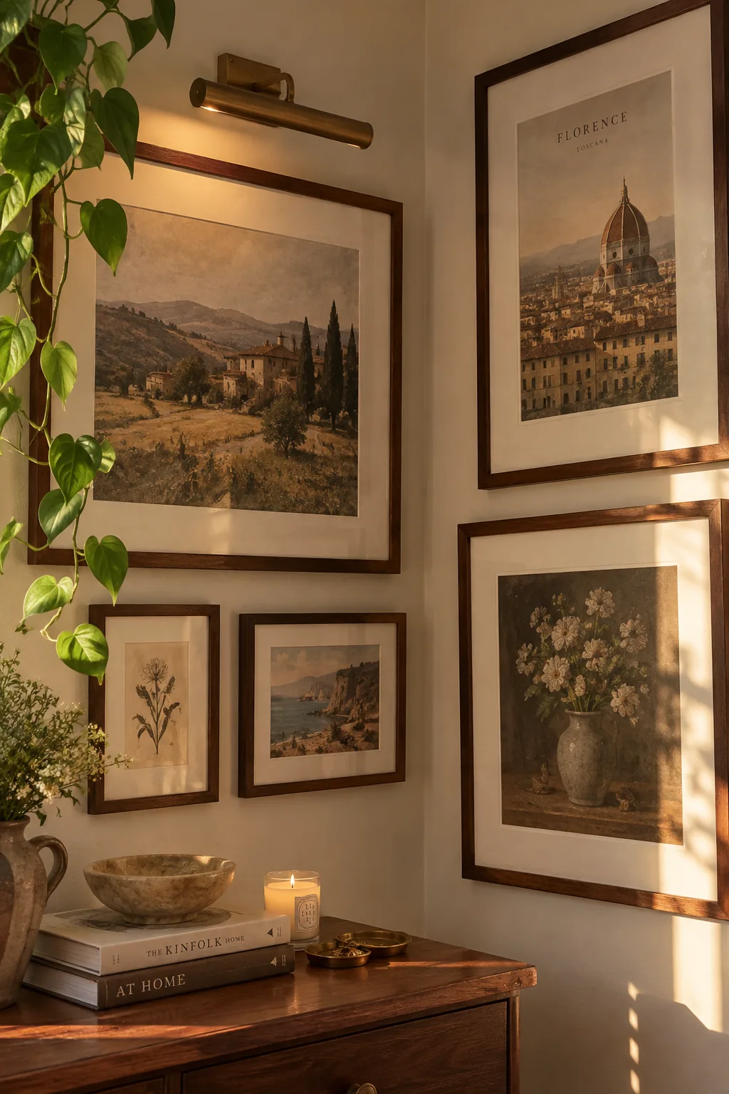 Gallery wall wrapping around an inner room corner