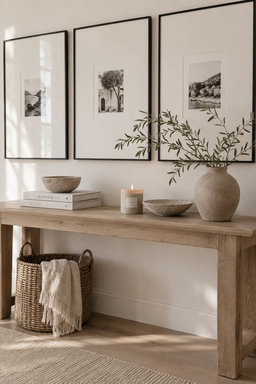 Three large framed photos on a white wall