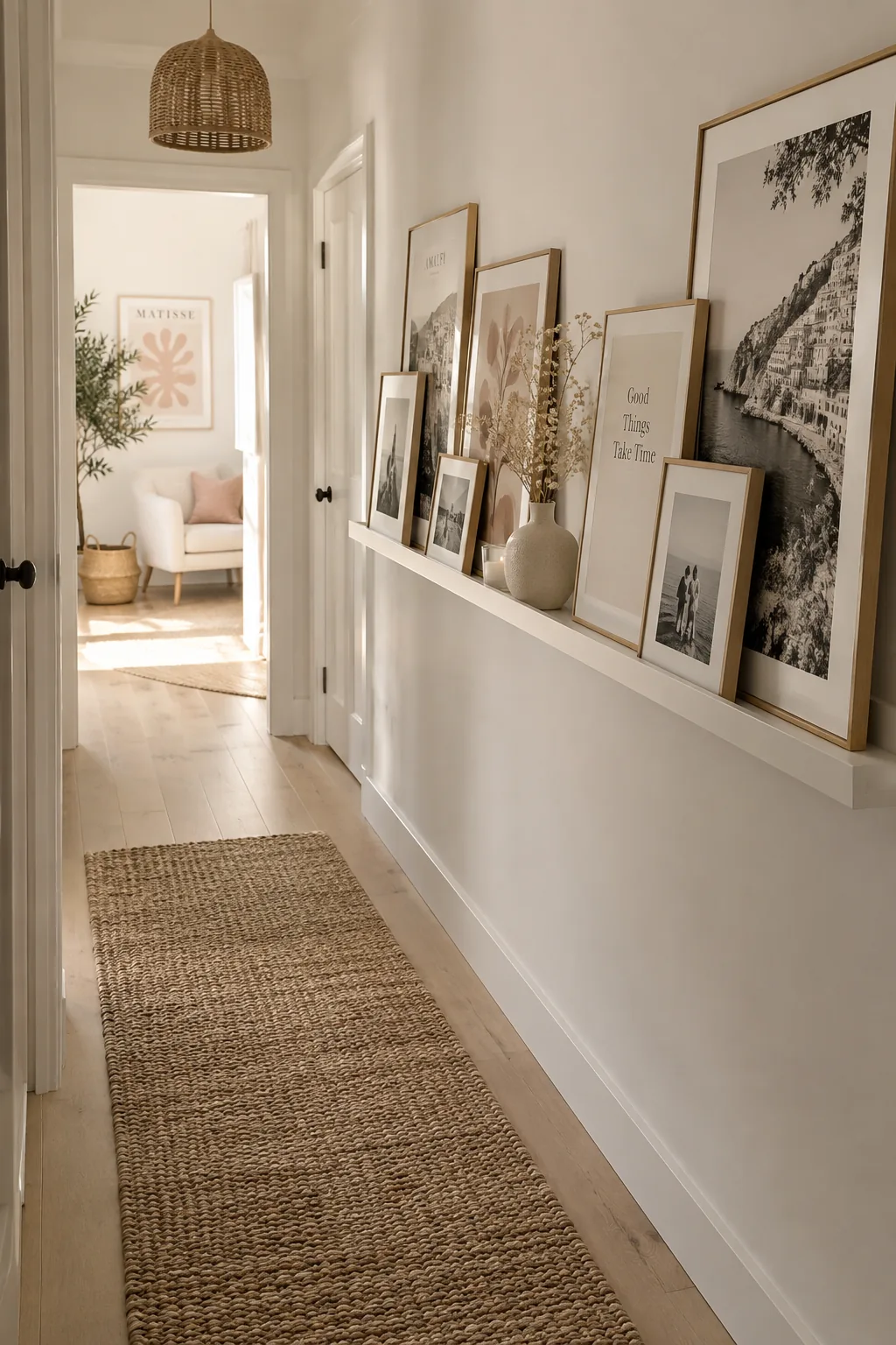 Layered frames resting on a wooden picture ledge