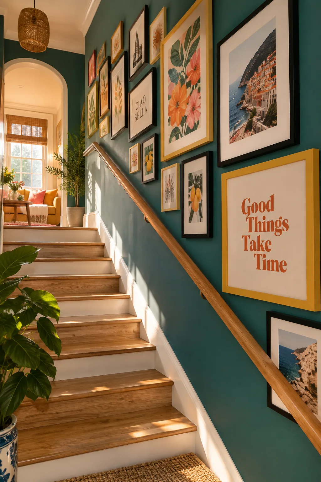 Frames arranged diagonally going up a staircase