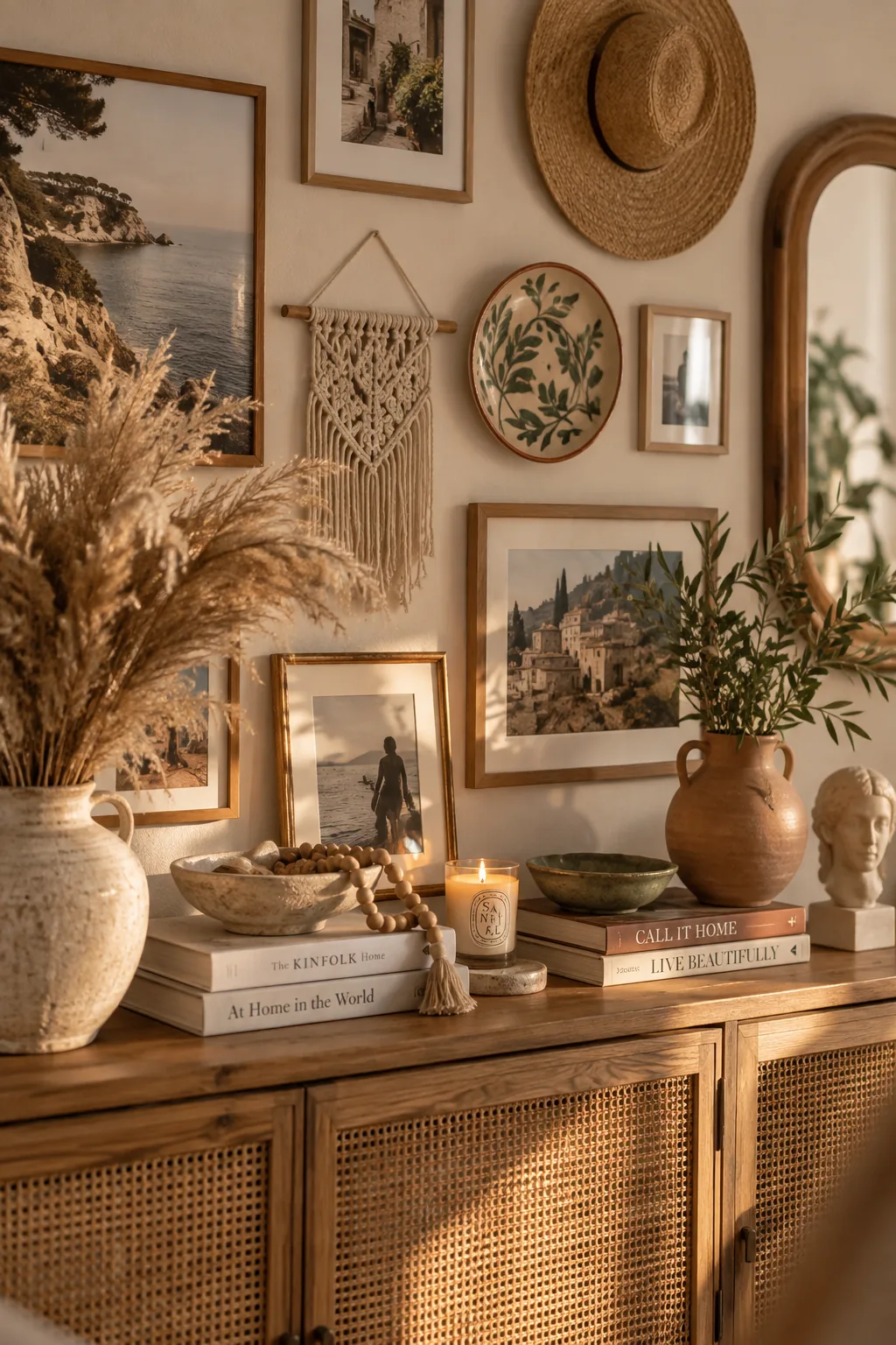 Photo wall mixed with small mirrors and wood