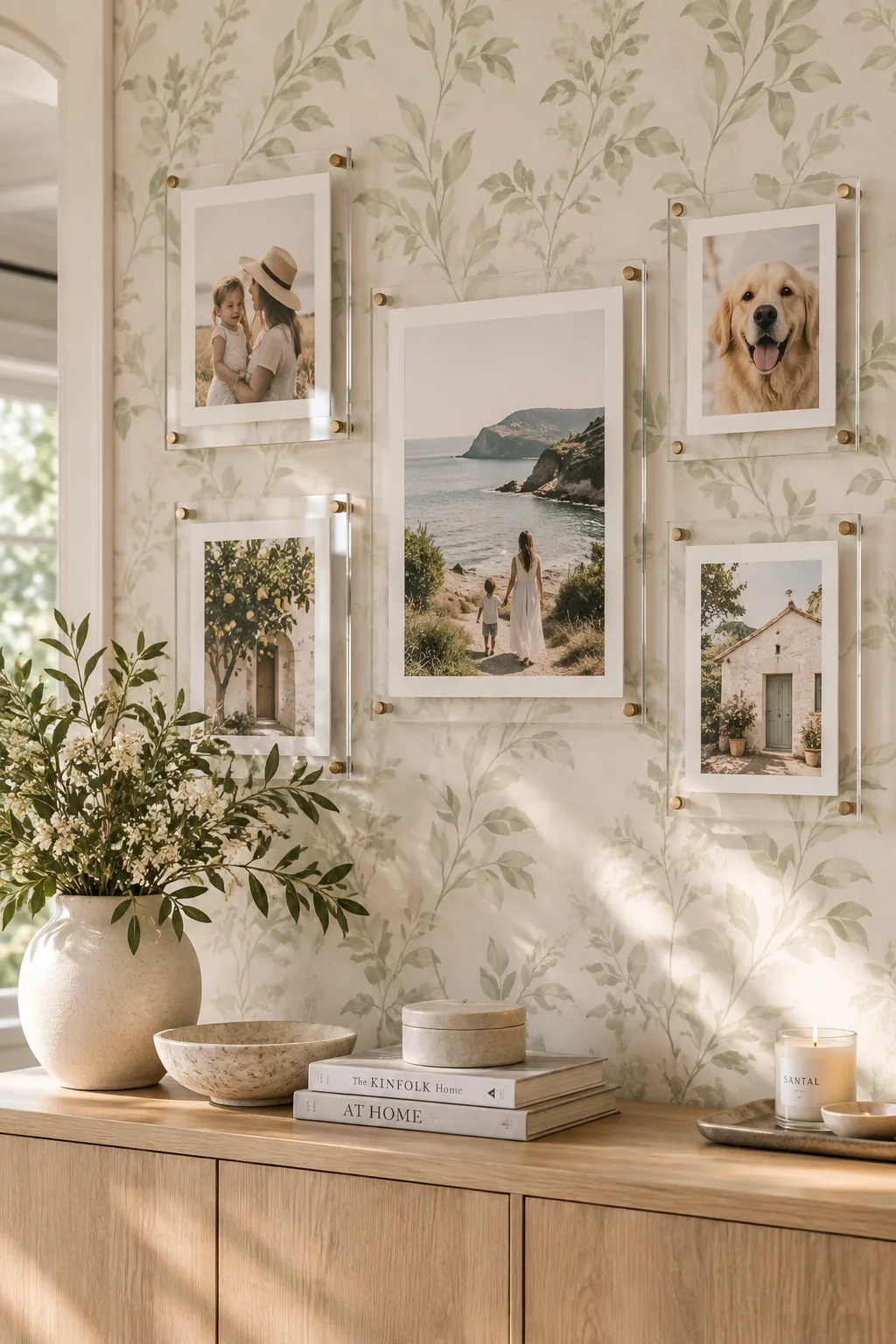 Clear acrylic floating frames on patterned wallpaper