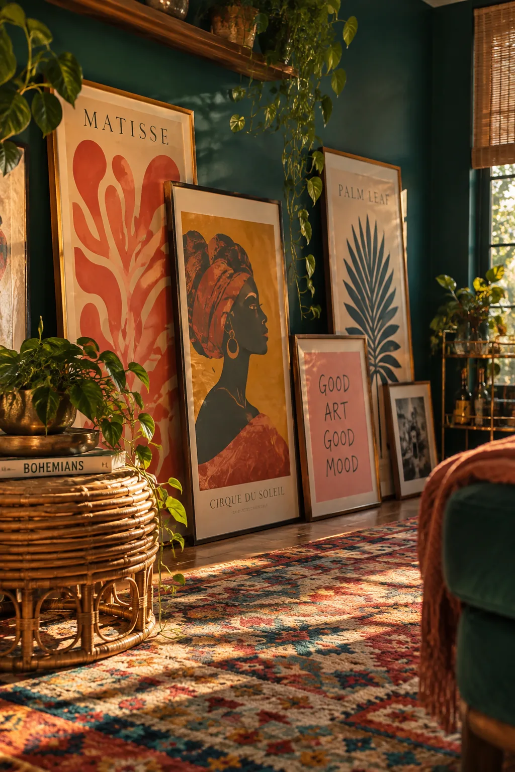 Large framed art leaning against wall on floor