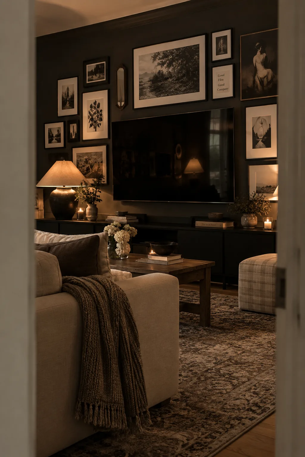 Gallery wall surrounding a flat screen television