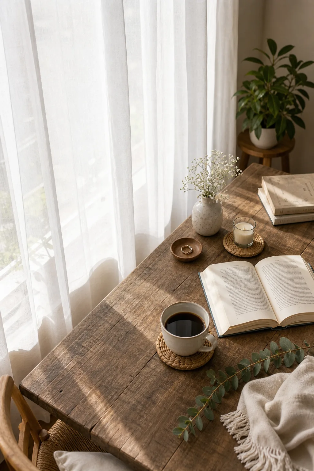 Sheer white curtain hanging in front of a large window next to a wooden table.