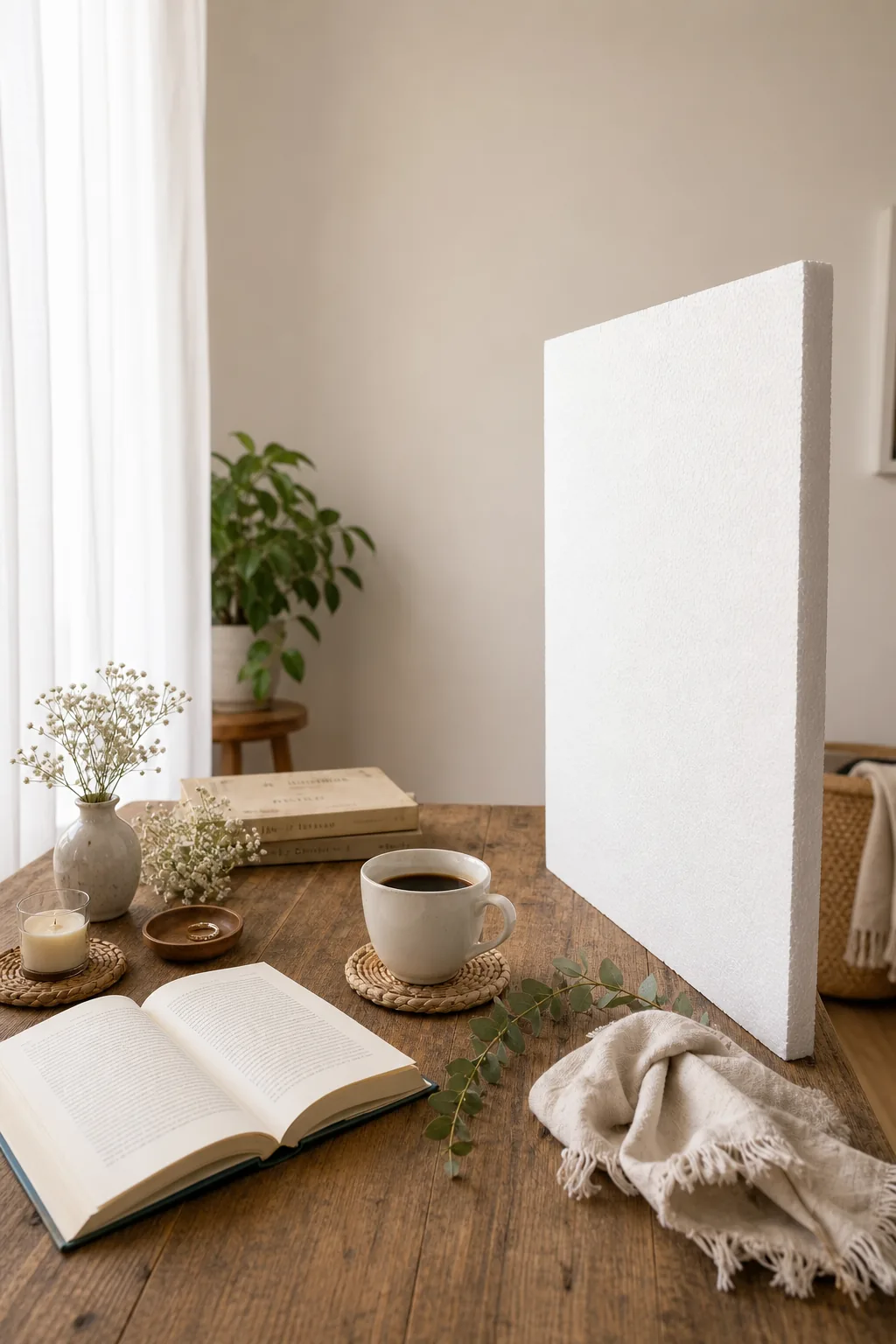 White foam board propped up vertically on a wooden table opposite a light source.