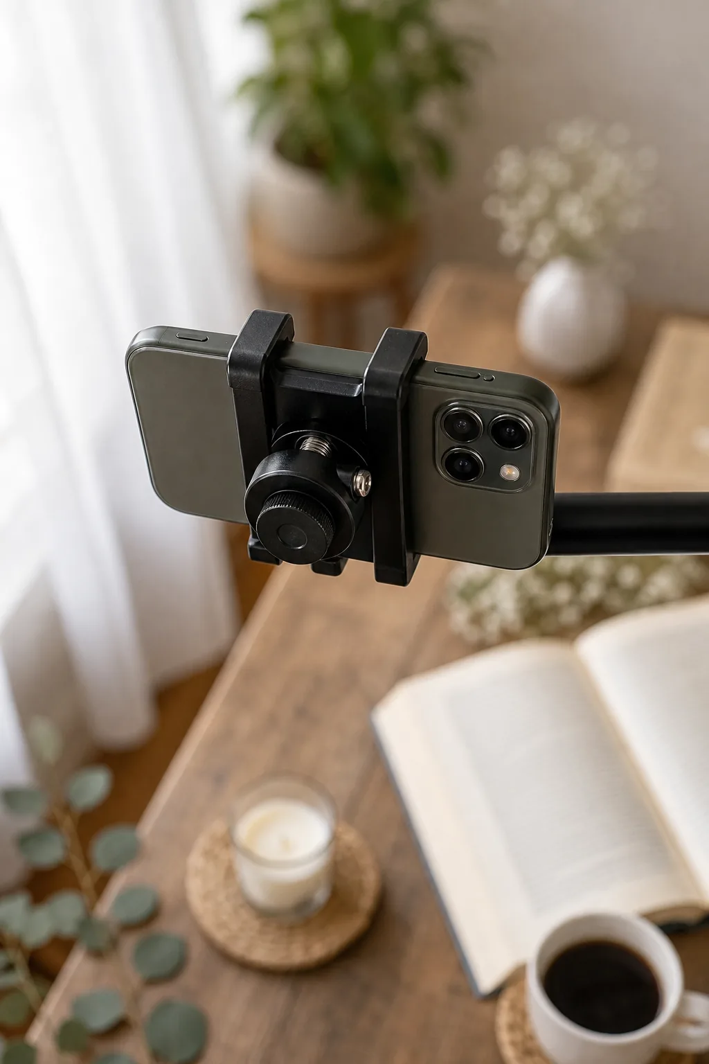 Close-up of the back of a smartphone with multiple camera lenses secured in a tripod mount.