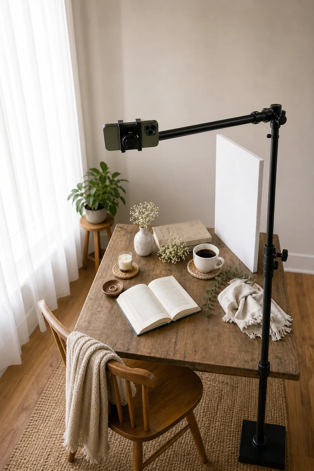 Black metal boom arm extending horizontally over a styled tabletop flatlay.