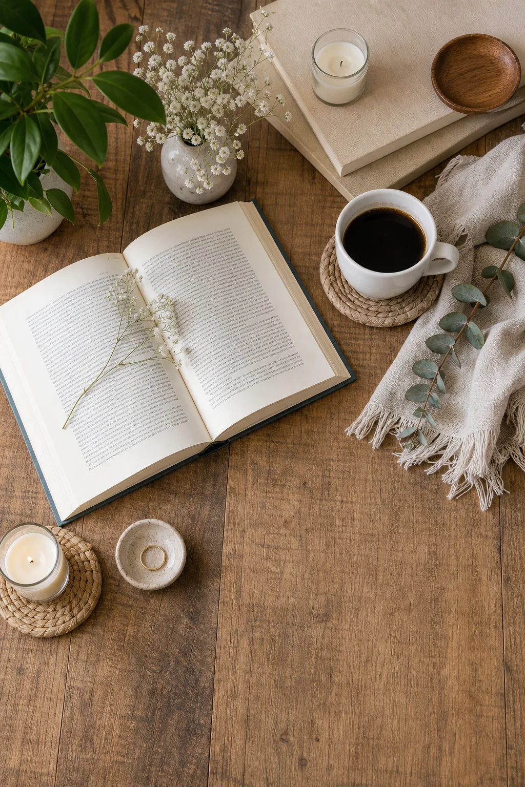 Overhead flatlay of an open book and coffee cup with an empty wood space in the corner.