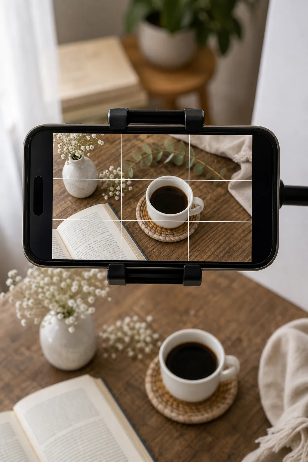 Smartphone screen showing a camera app with a 3x3 grid overlaying a flatlay scene.