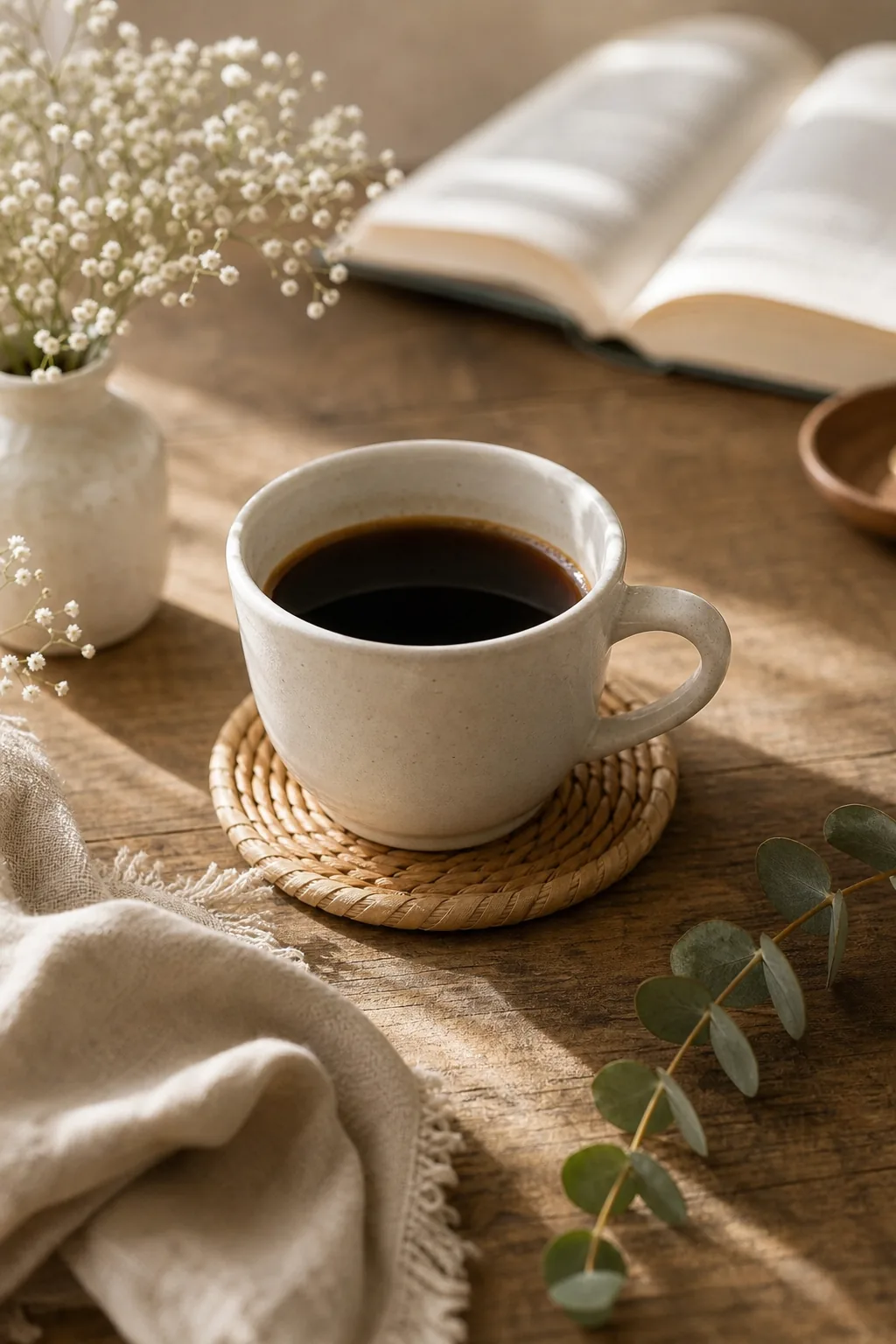 Close-up of a white ceramic mug on a wooden surface casting a soft, faint shadow.