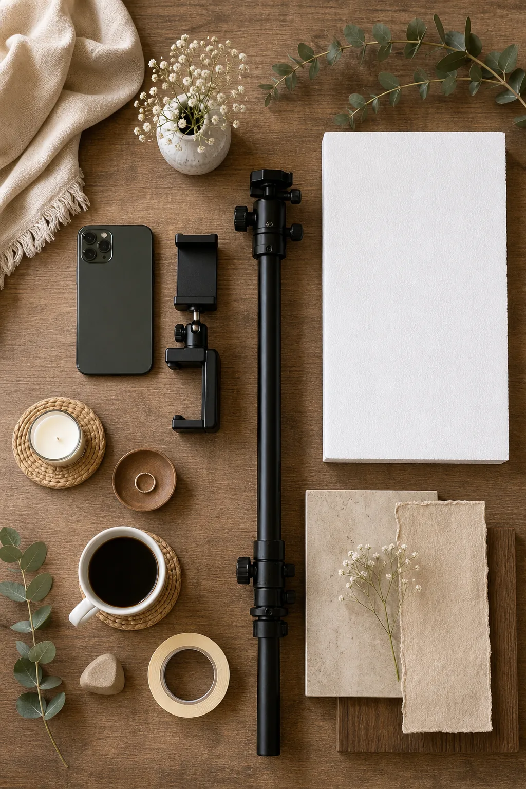 Neatly arranged flatlay of photography equipment including a phone clamp, foam board, and styling props.