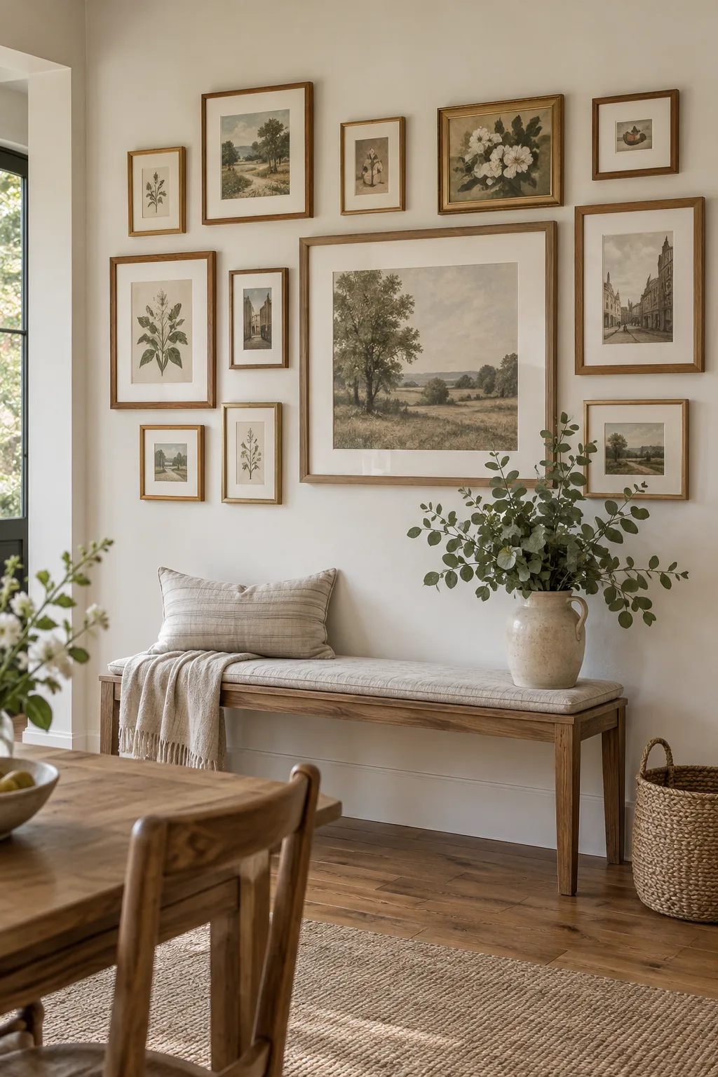Living room with an asymmetrical gallery wall featuring one large framed print slightly to the left