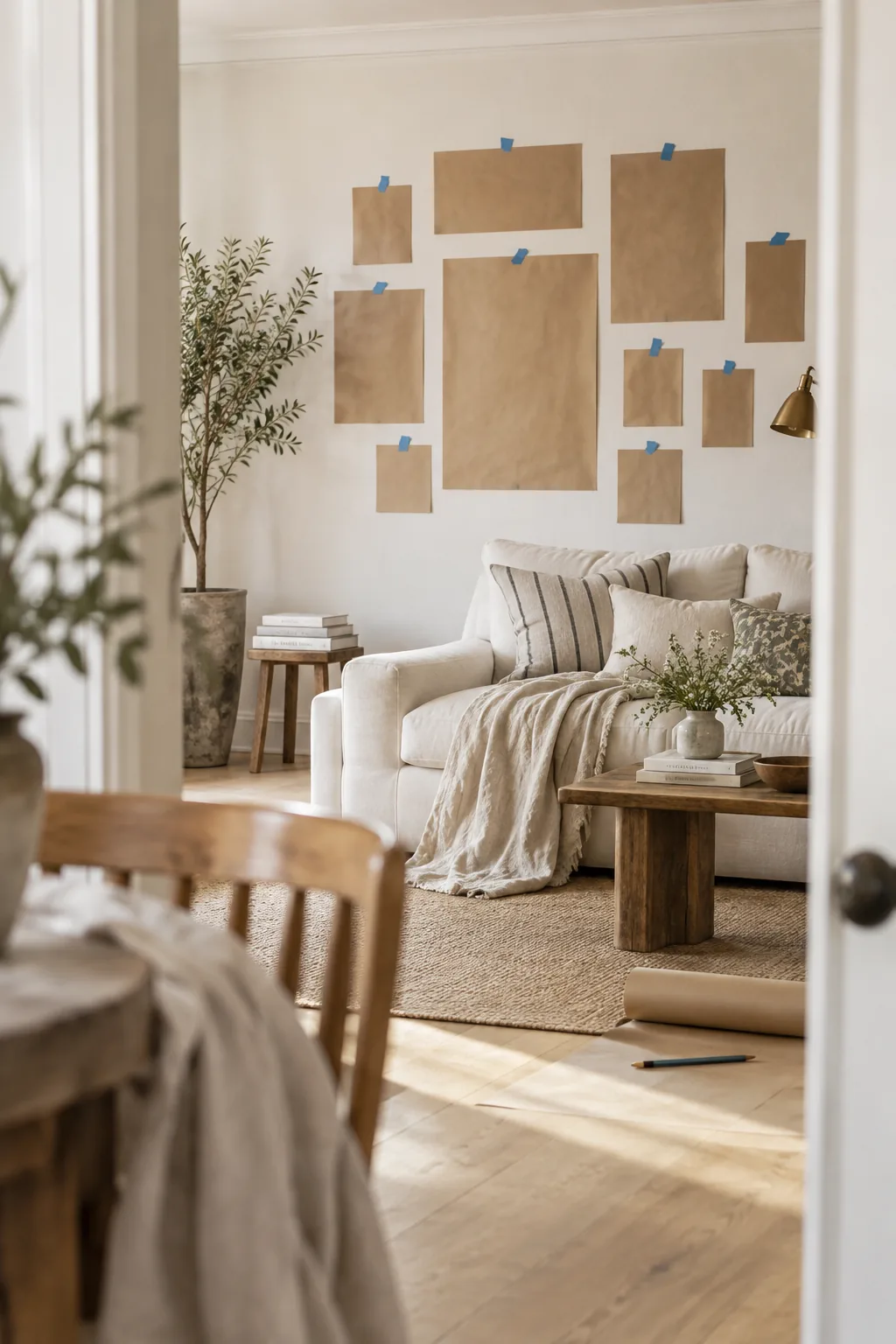 Kraft paper cutouts taped to a white wall in a gallery arrangement
