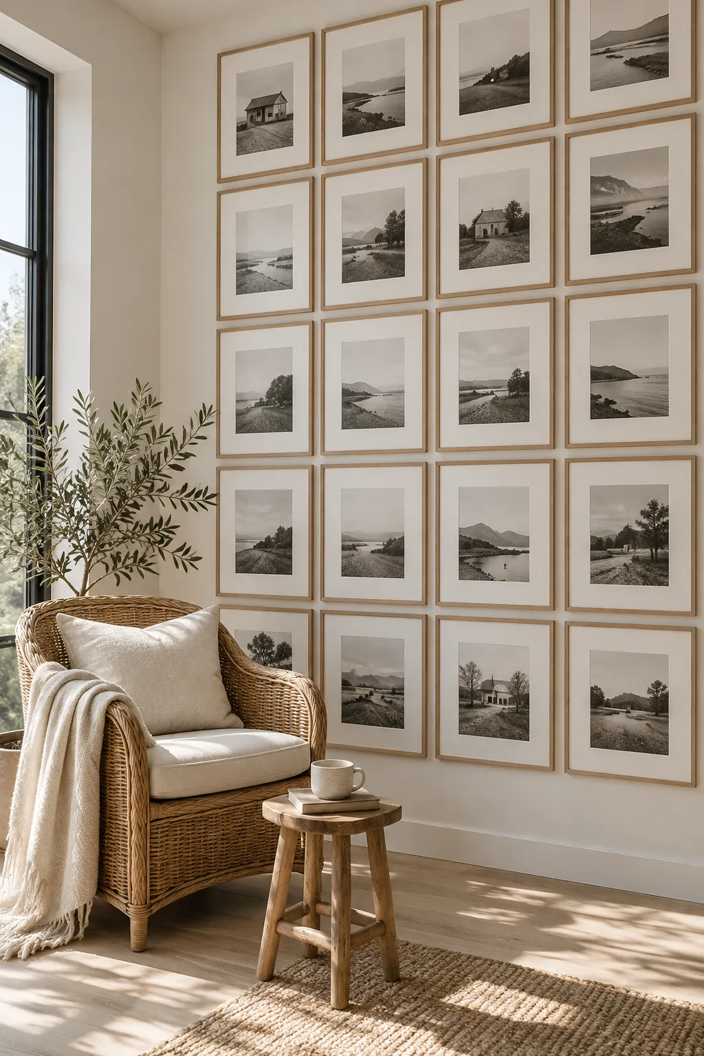 Dining room featuring a perfectly symmetrical grid of identical black frames covering the entire wall