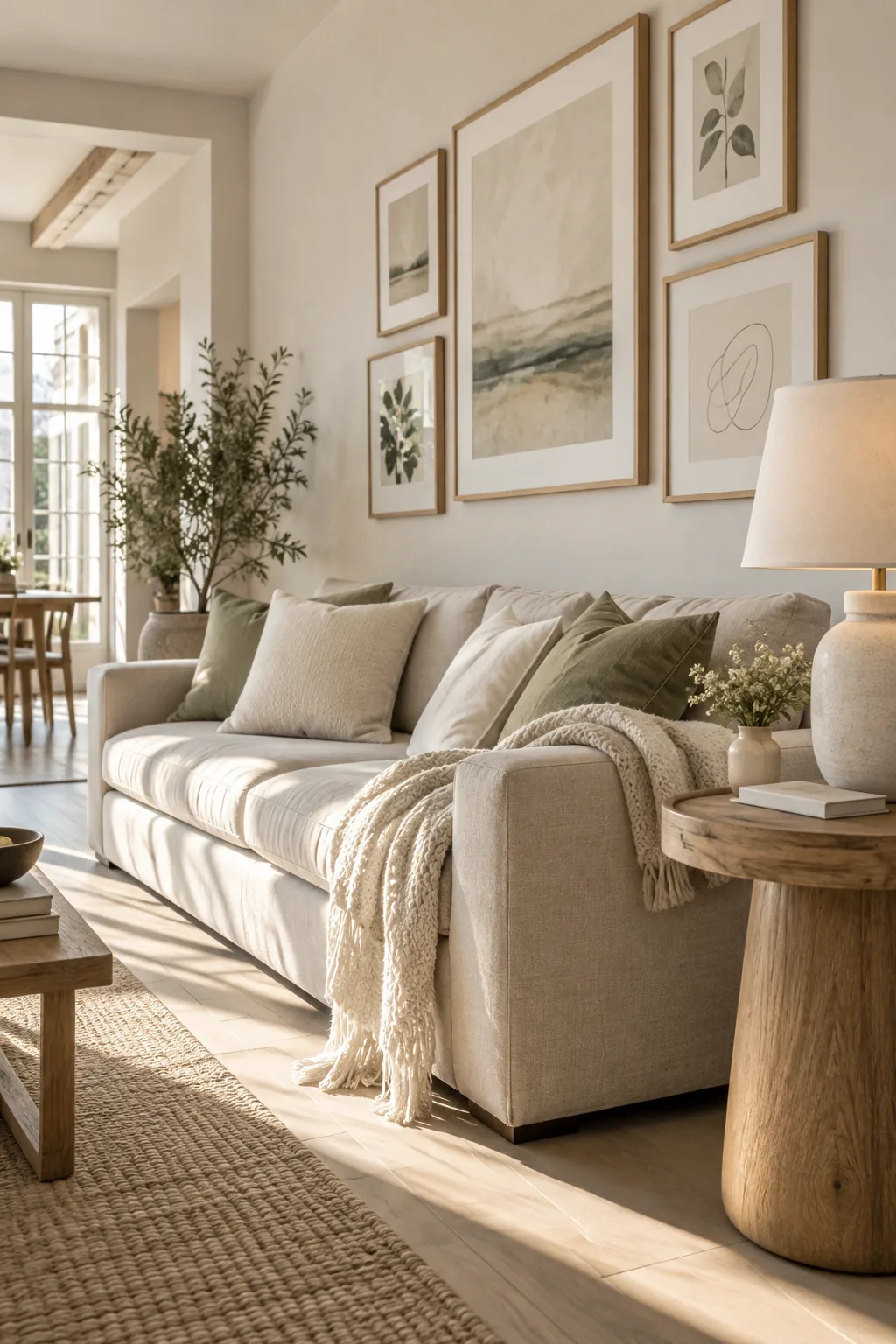 Gallery wall hung above a modern sofa with perfect spacing