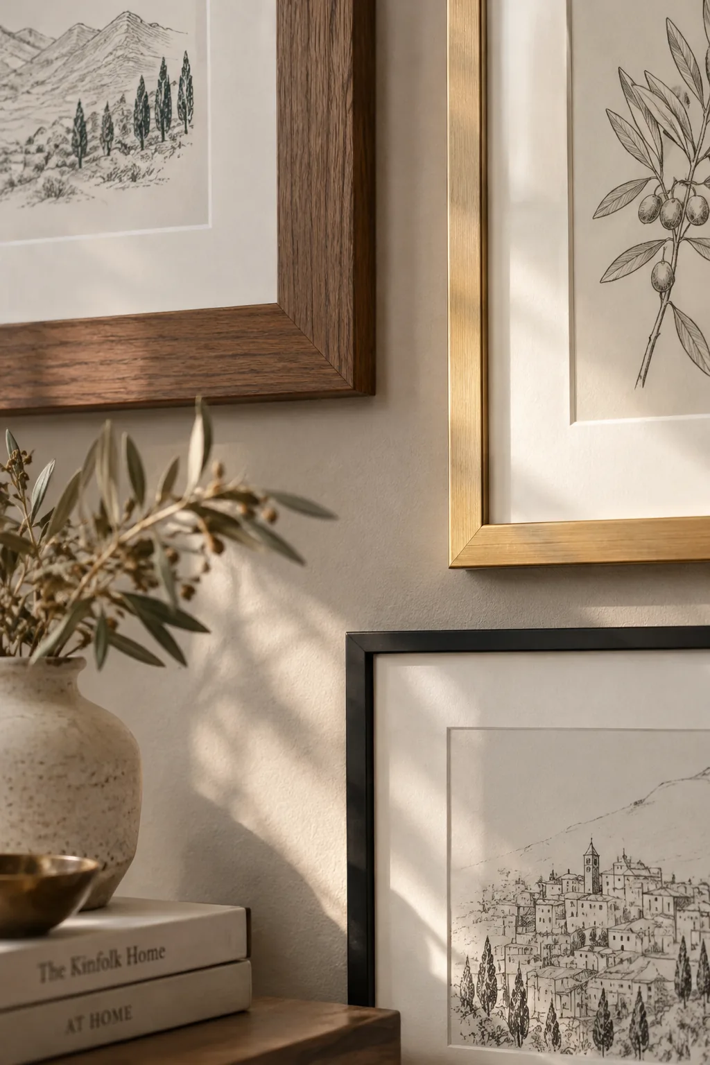 Close up of a gallery wall showing a mix of brass, black, and walnut wood frames