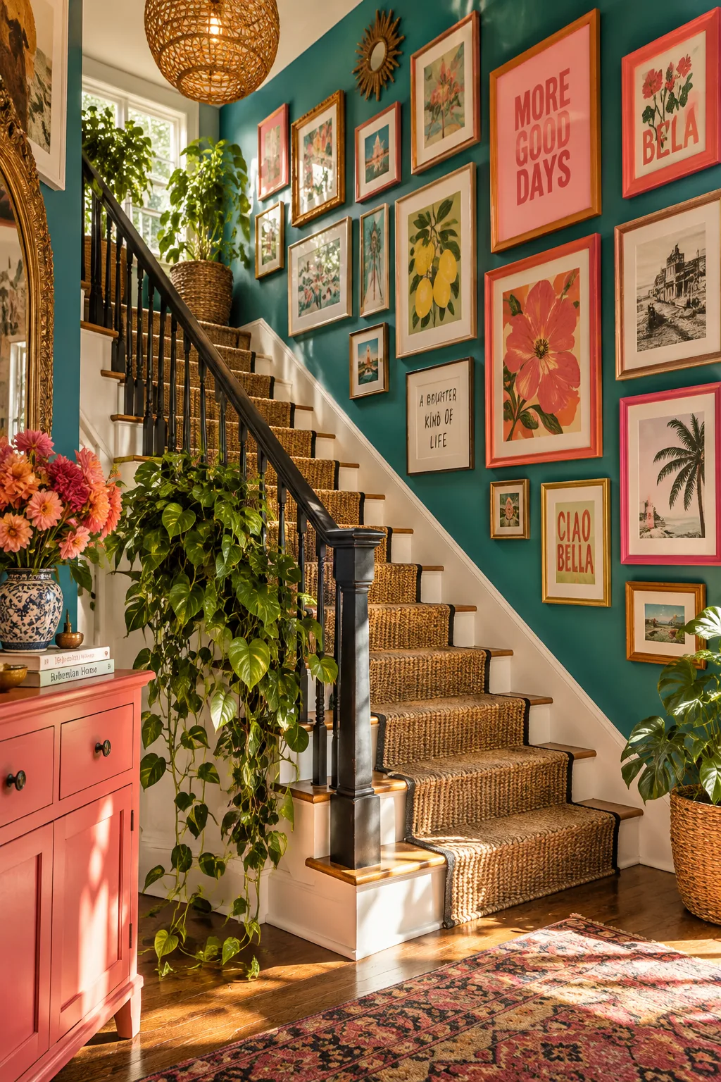 Staircase wall featuring an organically arranged mix of frames following the angle of the stairs