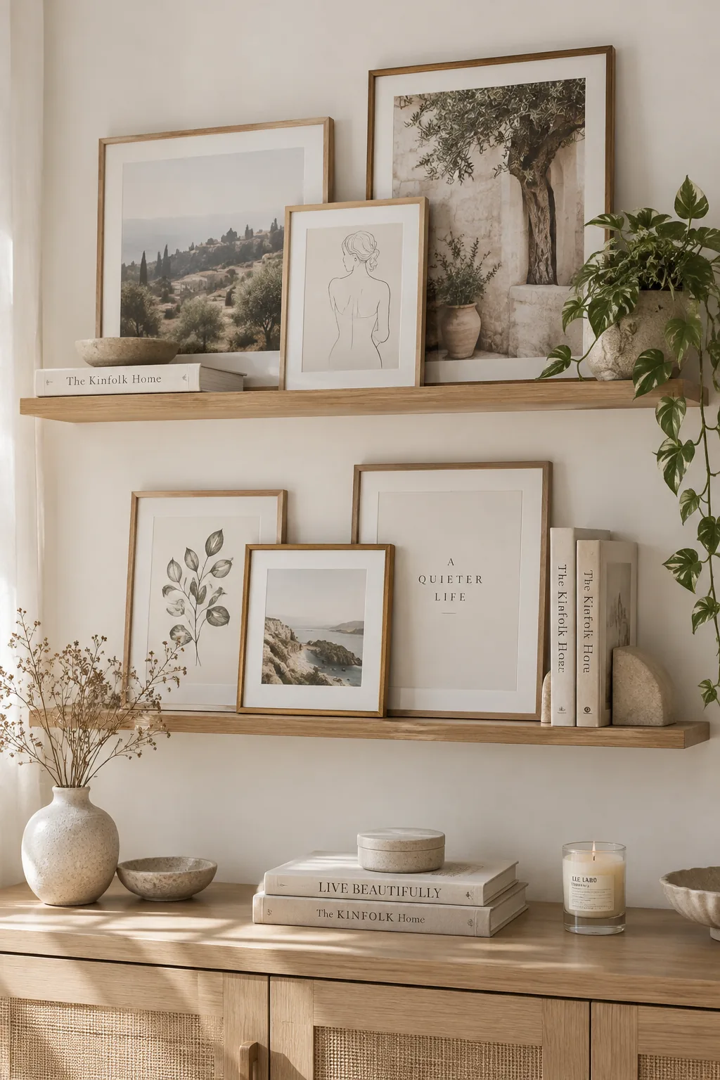 Two white floating picture ledges styled with overlapping framed art and small plants