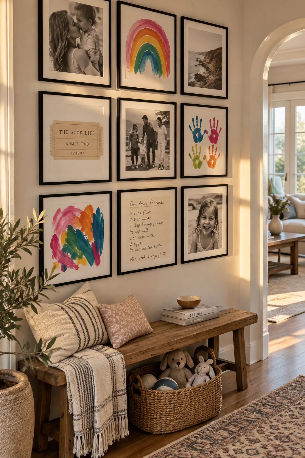 Hallway gallery wall mixing formal portraits with colorful framed children's artwork