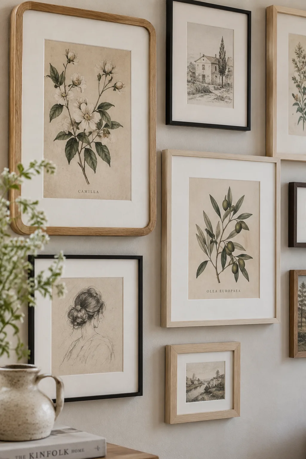 Eclectic mix of art prints all unified by thick white mat boards in various frames