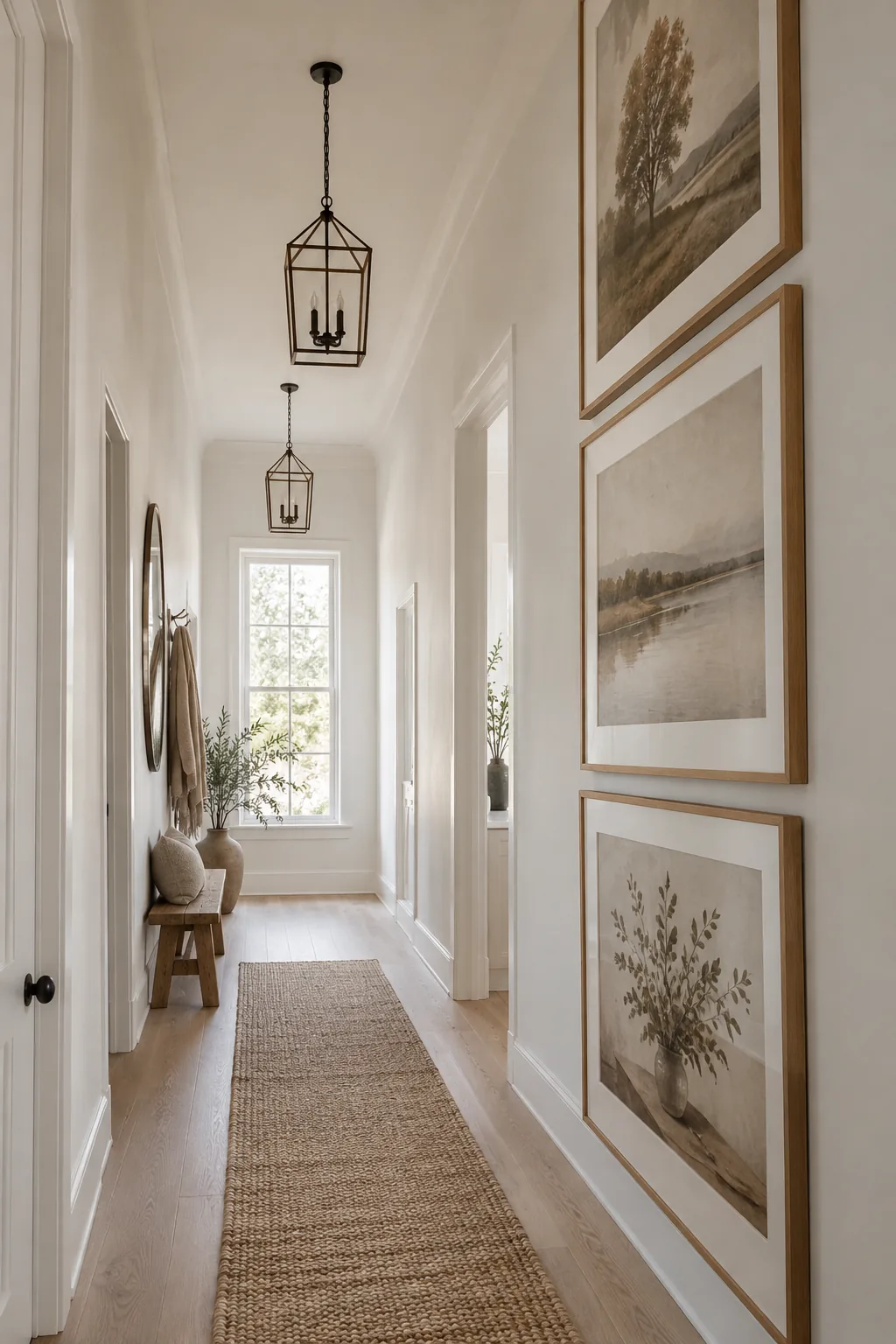 Narrow hallway featuring three large black frames stacked vertically