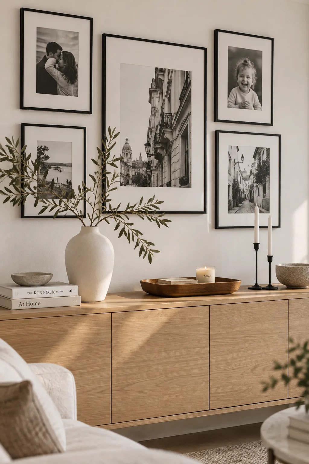 Modern living room with a strict black and white photography gallery wall