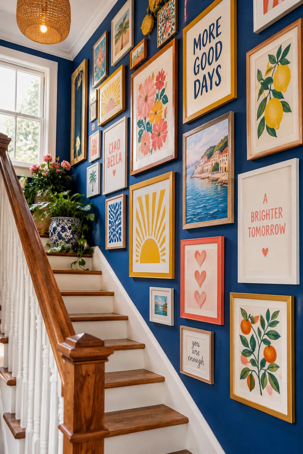 Living room with low ceilings where the gallery wall extends almost to the crown molding