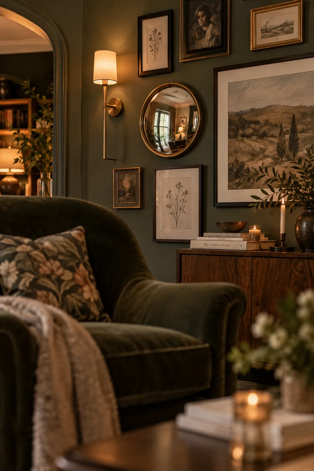 Gallery wall incorporating a round brass mirror and a small wooden clock among the frames