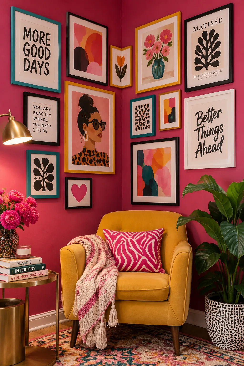 Gallery wall that seamlessly continues around an inner corner of a room