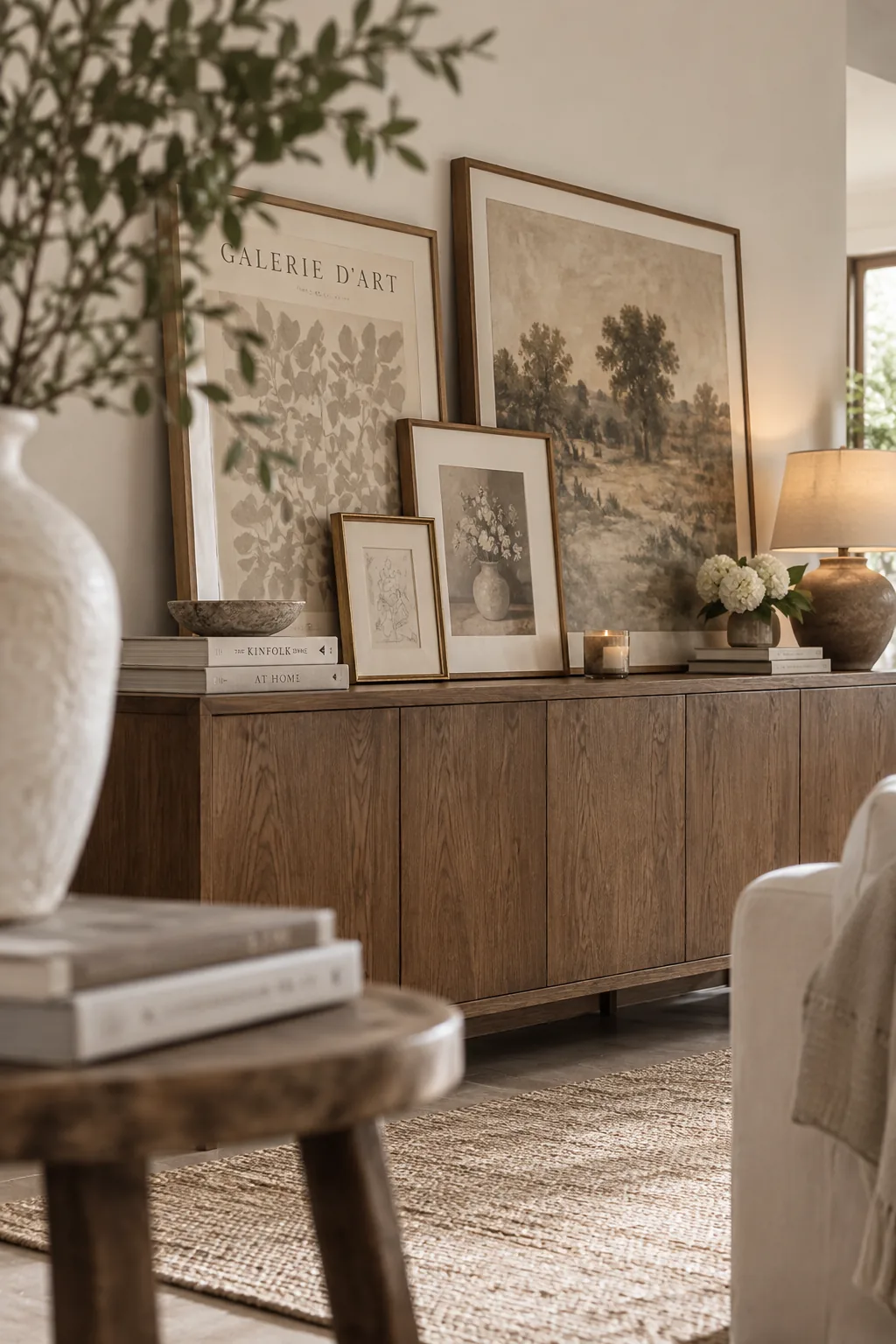 Long oak credenza styled with multiple overlapping framed art prints leaning against the wall