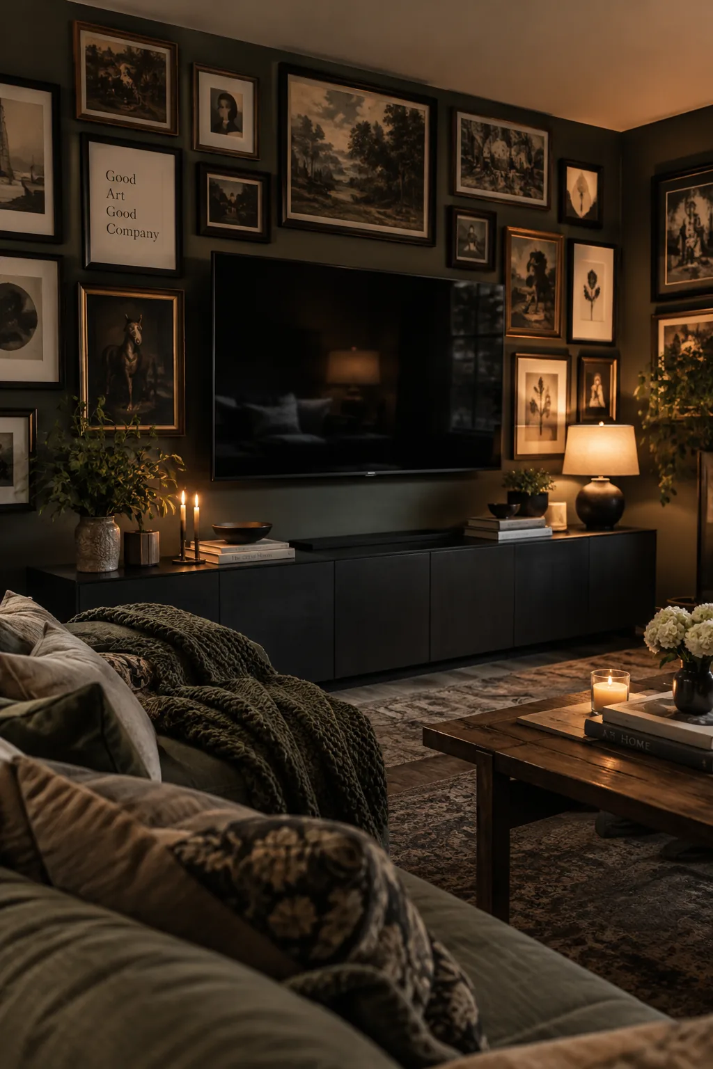Living room media wall where a flat screen TV is surrounded by a dense gallery of dark frames