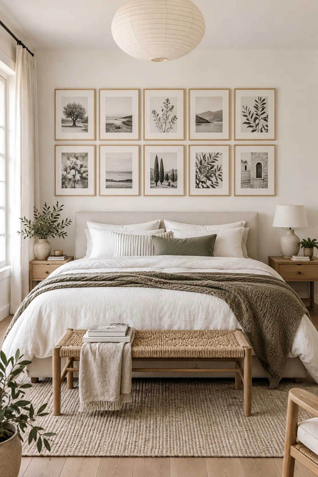 A minimalist gallery wall with light birch frames in a Scandinavian bedroom.