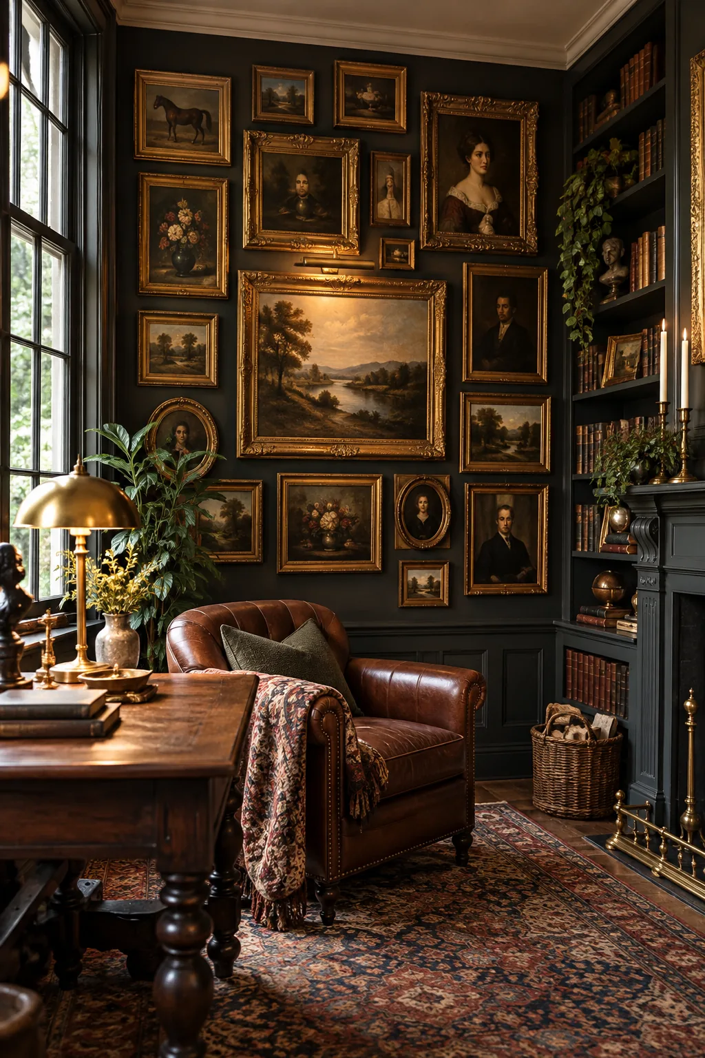 A dense maximalist gallery wall with ornate gold frames on dark walls in a study.