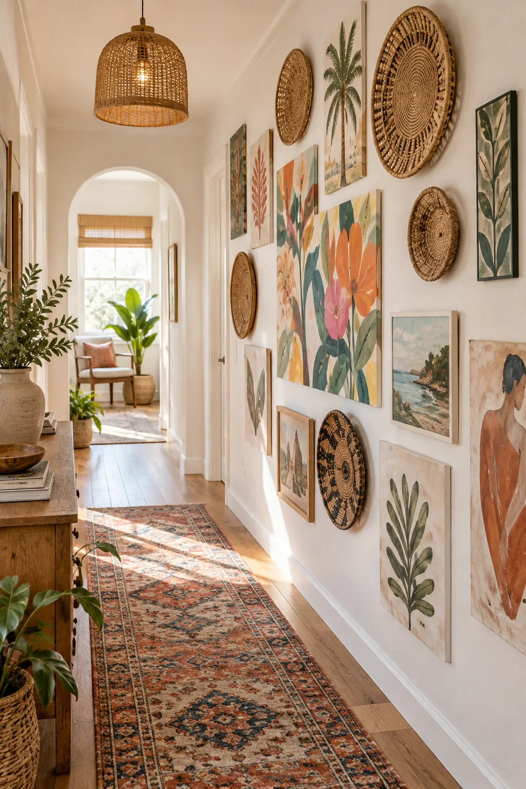 A bohemian gallery wall mixing colorful prints, rattan baskets, and canvases in a bright hallway.