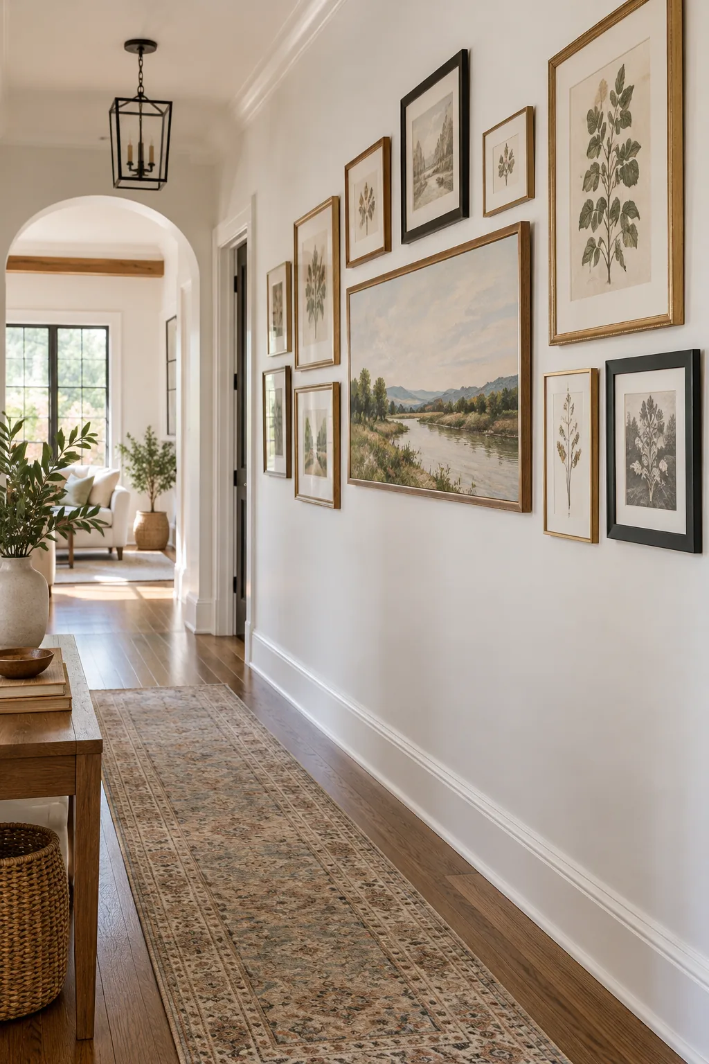 A wide view of a hallway gallery wall centered perfectly at eye level.