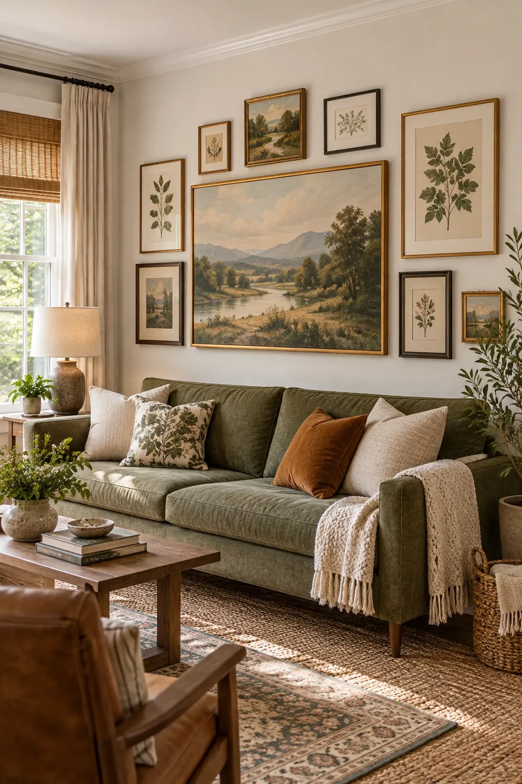 A large landscape painting acting as the visual anchor in an eclectic gallery wall.