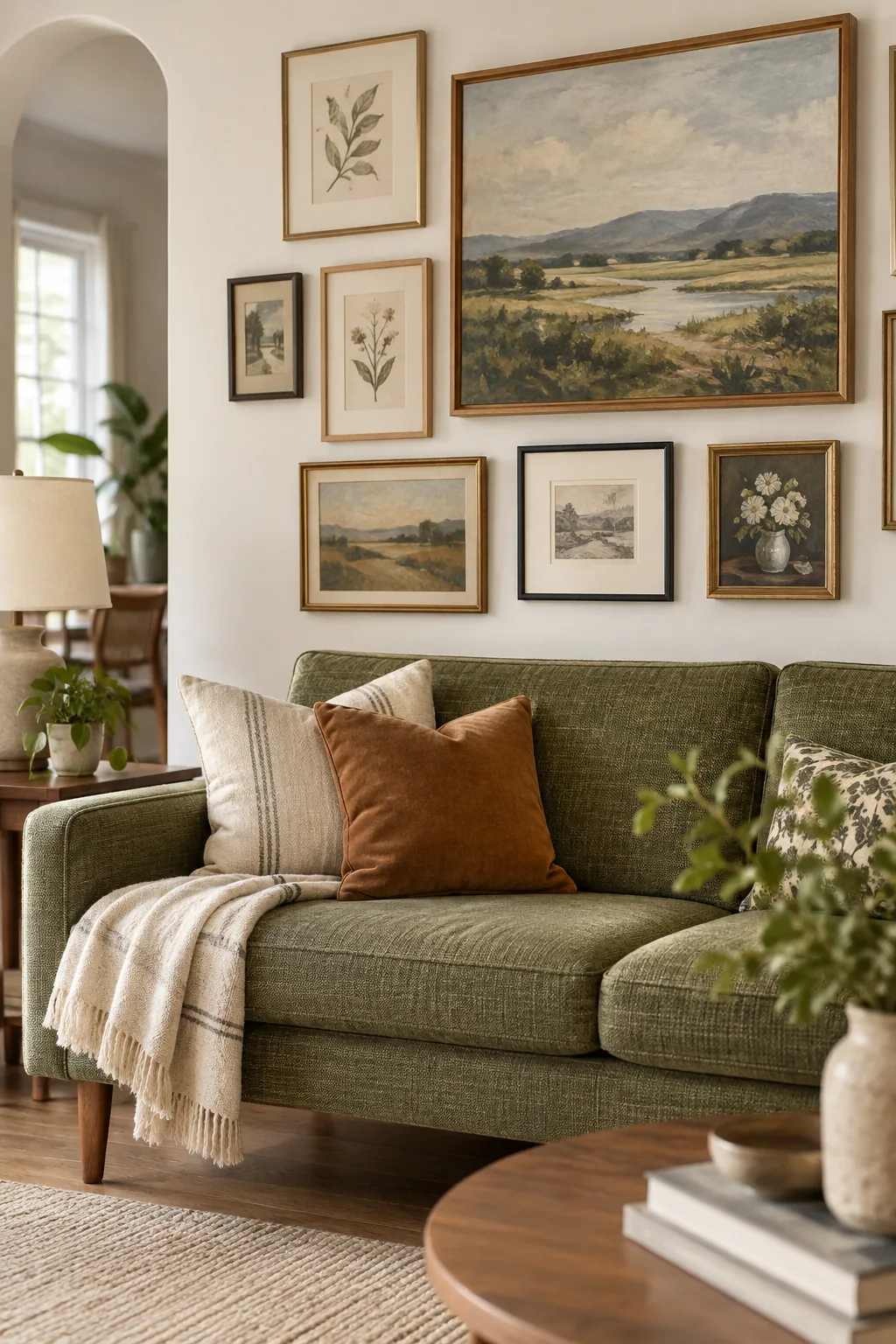 A precise 8-inch gap between the top of a beige sofa and the bottom frames of a gallery wall.