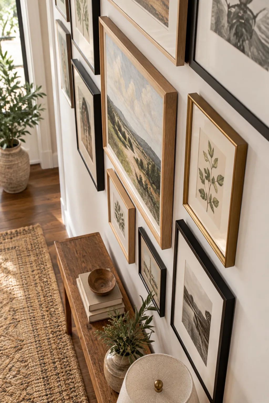 A close-up of a gallery wall showing perfectly uniform gaps between different sized frames.