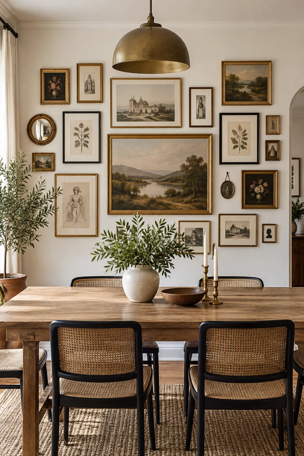 A side angle of a gallery wall showing a mix of wood, black, and brass frame finishes.