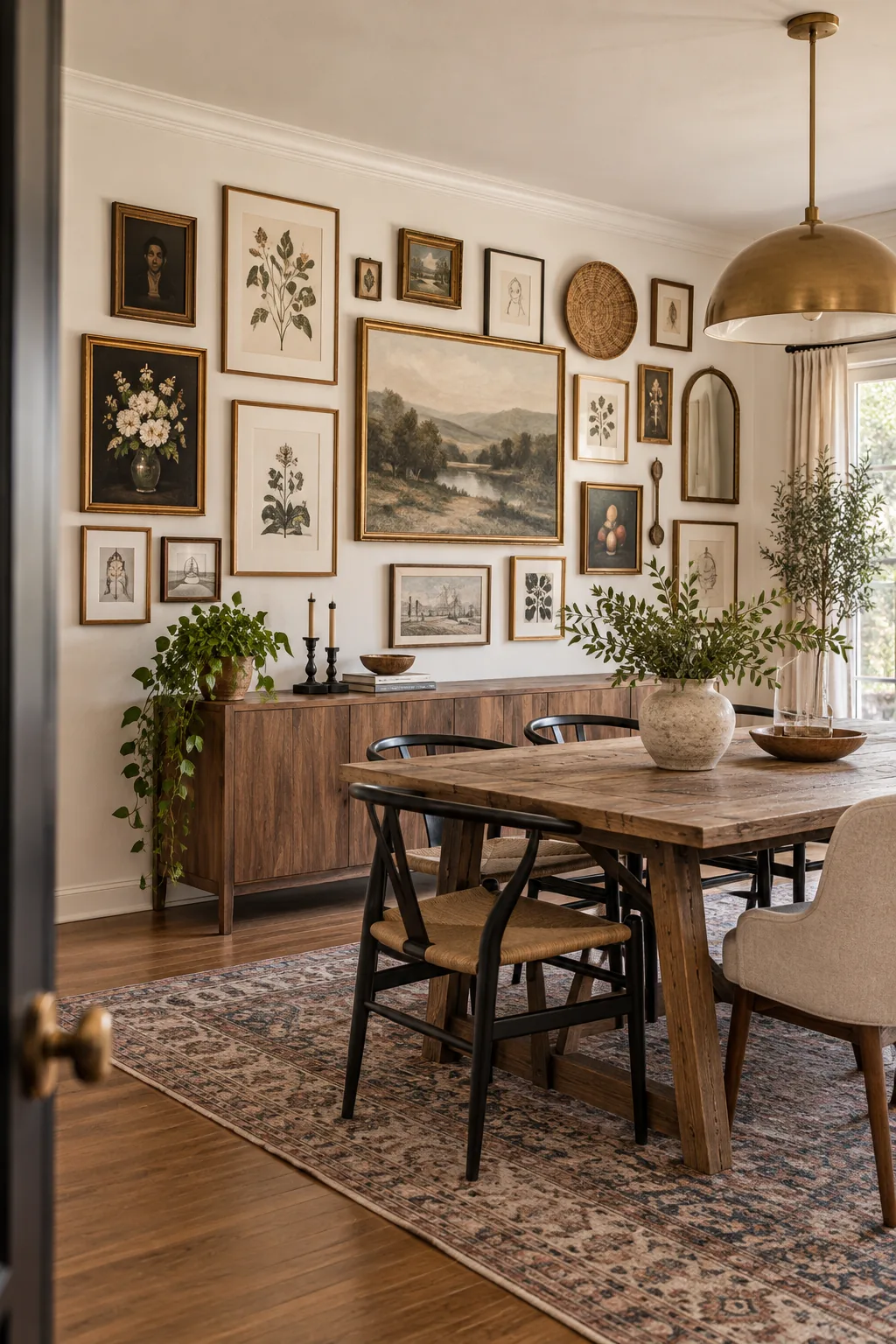 A complex, perfectly balanced asymmetrical gallery wall above a dining table.
