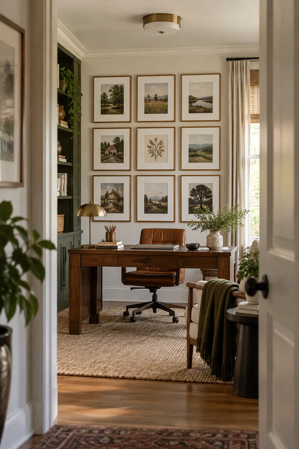 A perfectly symmetrical grid gallery wall in a modern home office.