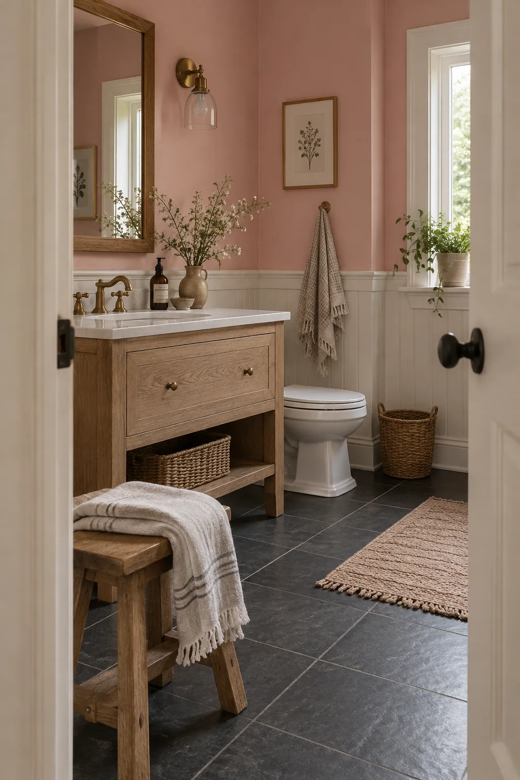 Bathroom with light pink upper walls, white wainscoting, and dark charcoal floor tiles.